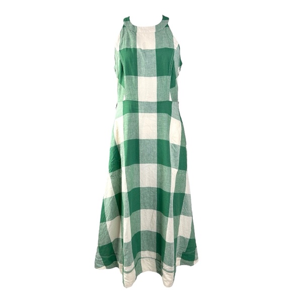Anthropologie Midi Dress US Maeve Greta Green Gingham Check Linen Blend A-Line - Picture 2 of 10